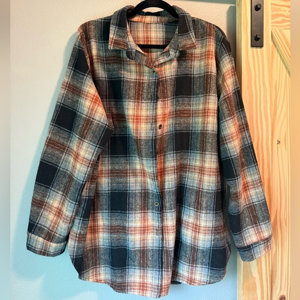 Plaid Flannel Shirt Brown Black Rust Oversized Button Up Women's 2XL